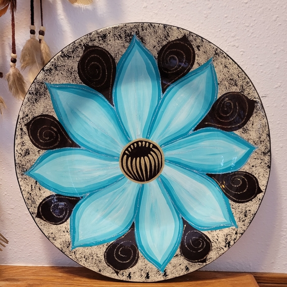 Vtg Glitter Gloss Flower Geometric Pottery Fruits Dish Wall Decor Turquoise - Picture 2 of 5